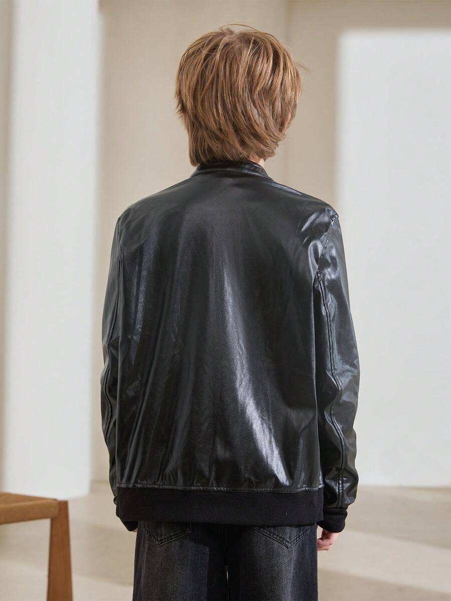 SHEIN Tween Boy Stand Collar PU Leather Fashion Long Sleeve Jacket