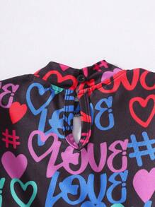 SHEIN Young Girls Energetic Letter Full Print Casual Dress, Young Girls Long Sleeve Polyester Blend Comfortable Princess Dress, Children Autumn Winter Outfit - Multicolor - View 3