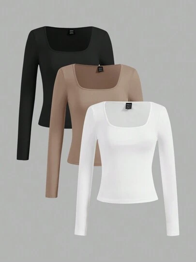 SHEIN EZwear 3pcs Pack Plain Color Crew Neck Loose Fit All-Match T-Shirts For Women, Versatile Black White Beige, Suitable For Spring Autumn