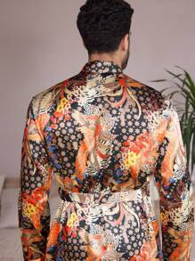 Manfinity ChillVibe Men's All-Over Print Waist Tie Long Sleeve Bathrobe - Multicolor - View 2