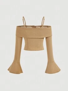 SHEIN MOD Women's Denim Off-The-Shoulder Long Sleeve Blouse In Khaki - Khaki - View 2