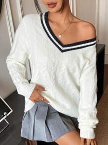 Muchica V 领长袖条纹印花毛衣 - 杏色 - 查看 1