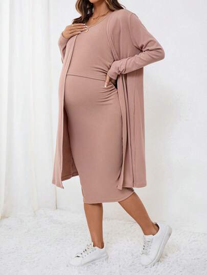 SHEIN MaterniWear 2pcs Casual Autumn Maternity Outfit Cardigan Dress Set