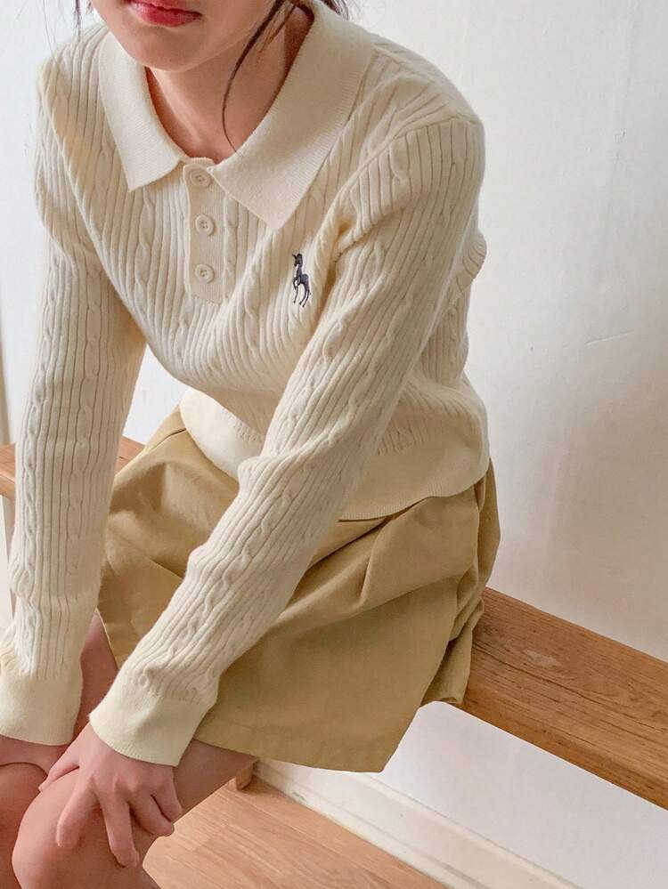 Tween Girls Casual Embroidery Pattern Collar Sweater, Autumn