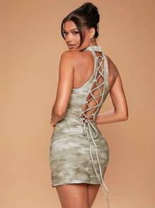 Hauture Halter Neck Criss Cross Back Print Mini Dress , Open Back Dress - Dark Grey - View 3