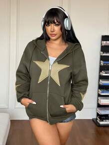 SHEIN EZwear Áo khoác nỉ dài tay có khóa kéo, họa tiết ngôi sao, vai rớt, dành cho nữ cỡ lớn, mùa thu đông. - xanh quân đội - Xem 6