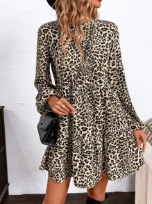 SHEIN Clasi 女士豹纹 A 字形宽松娃娃裙短款连衣裙 - 彩色 - 查看 4