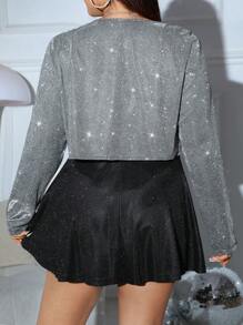 SHEIN EZwear Áo khoác đính đá lấp lánh màu đen bóng phong cách đại học mùa thu/đông cỡ lớn cho nữ - Bạc - Xem 2