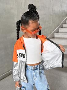 SHEIN Explorewe Áo khoác hoodie oversized thời trang dạo phố thường ngày cho bé gái, thiết kế in chữ Colorblock, mùa thu - trái cam - Xem 5