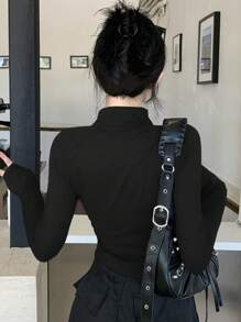 DAZY 纯色前拉链长袖修身 T 恤，女士休闲日常高领衫 - 黑色 - 查看 5