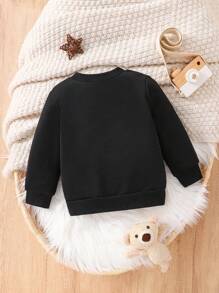 年轻男孩时尚舒适万圣节图案印花圆领运动衫 - 黑色 - 查看 2