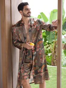 Men's Floral Print Robe With Belted Waist - Multicolor - View 1