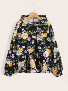 SHEIN LUNE 大码女式休闲简约浪漫花卉全印花长袖连帽衫，适合秋冬季 - 彩色 - 查看 3