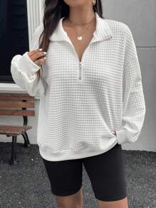 SHEIN Essnce Áo nỉ vải kẻ caro họa tiết kẻ caro cỡ lớn có khóa kéo nửa màu trắng cho nữ - trắng - Xem 1