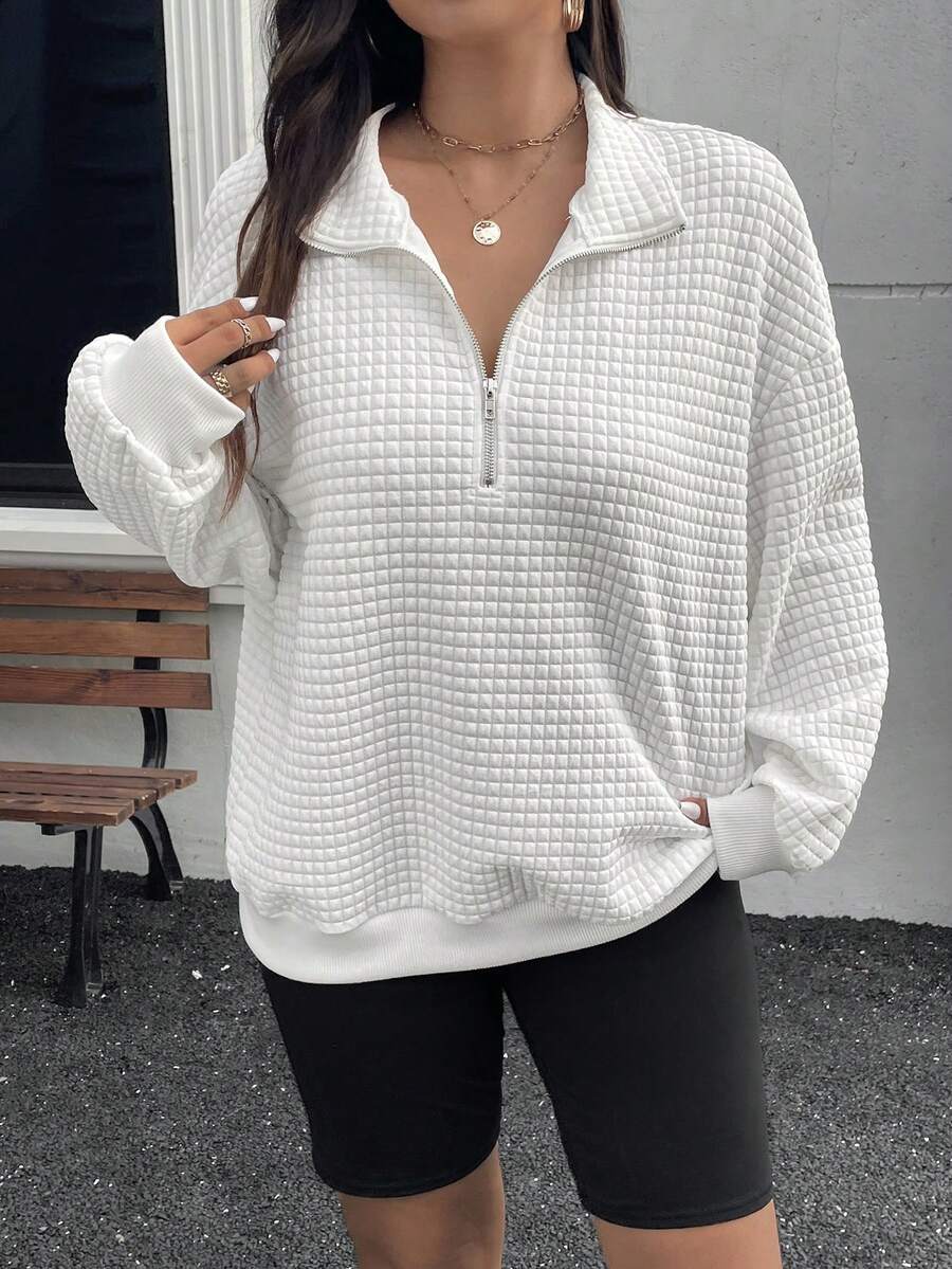 SHEIN Essnce Áo nỉ vải kẻ caro họa tiết kẻ caro cỡ lớn có khóa kéo nửa màu trắng cho nữ - trắng - Xem 1