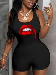 Slaydiva Casual Simple Sexy Lip Print Short Bodycon Jumpsuit For Women, Suitable For Summer Suitable For Going Out