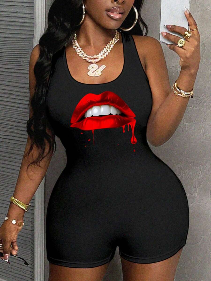 Slaydiva Casual Simple Sexy Lip Print Short Bodycon Jumpsuit For Women, Suitable For Summer Suitable For Going Out