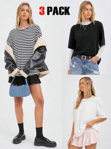 SHEIN EZwear Multi-Color Knitted Loose T-Shirt For Women - Multicolor - View 1