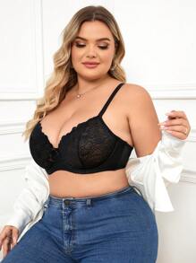 1 件大码优雅黑色蕾丝钢圈文胸、内衣 - 黑色 - 查看 6