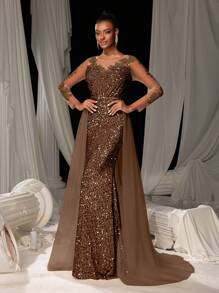 Elisanya Elegant Sequin-Glitter Mermaid Tail Gown With Floral Embroidery & Flowing Tulle Train | Luxury Evening Dress For Black Tie Galas, Weddings - Rust Brown - View 4