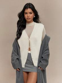 MISSGUIDED 奢华针织无袖纽扣前开衫背心经典V领毛衣背心分层单品秋冬外套 - 白色 - 查看 4