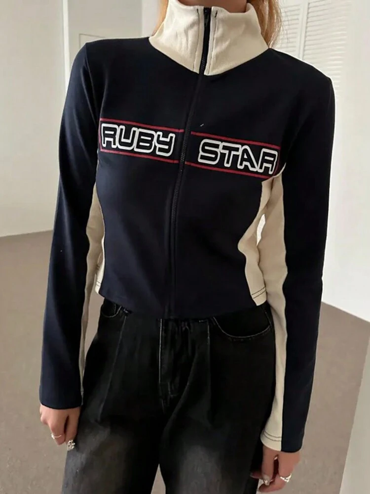 Women's Colorblock Letter Print Fitted Short T-Shirt,Fall Clothes Long Sleeve Women Tops Turtleneck Women Graphic Tee