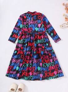 SHEIN Young Girls Energetic Letter Full Print Casual Dress, Young Girls Long Sleeve Polyester Blend Comfortable Princess Dress, Children Autumn Winter Outfit - Multicolor - View 2