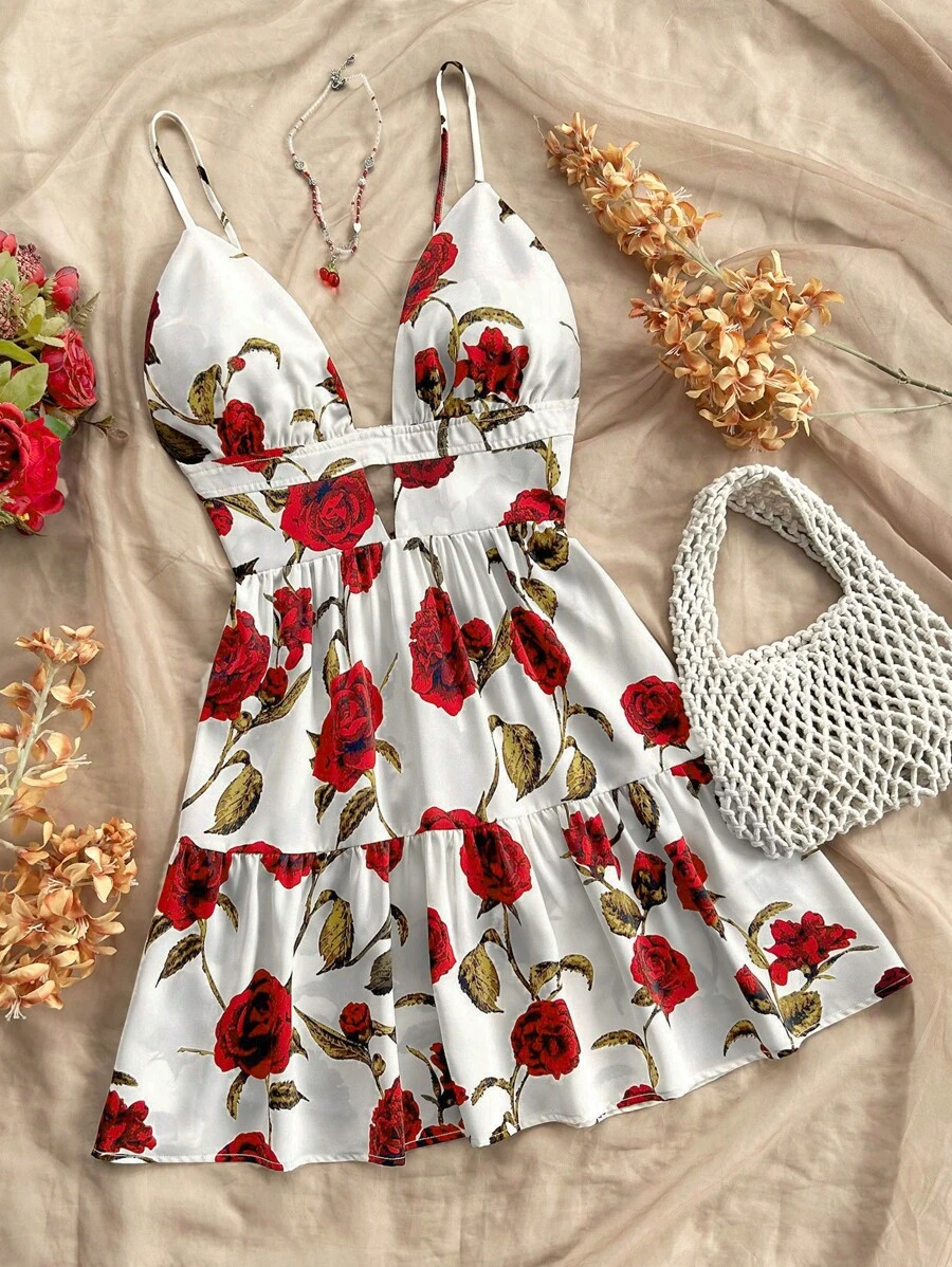 Soleia V-Neck Spaghetti Strap Backless Floral Print A-Line Mini Dress For Women, Autumn/Winter - Multicolor - View 1