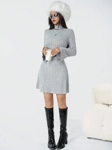 Y2K 风格少女 2024 秋冬罗纹高领喇叭袖休闲束腰连衣裙，适合返校季穿着 - 淺灰色 - 查看 3