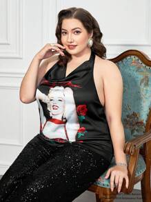 Marilyn Monroe X SHEIN Parte superior sin mangas con cuello de halter con estampado floral y de figuras para mujer de talla grande, verano - Negro - Ver 6