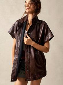Bohemela Vestido de camisa de manga larga oversize de unicolor PU para mujer, Top de manga corta - Marrón - Ver 6