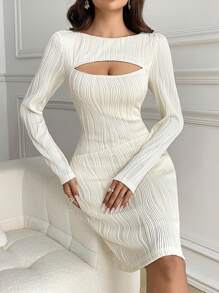 Modelyn Women's Sexy Solid Color Hollow-Out Fitted Dress, Spring/Fall - White - View 1