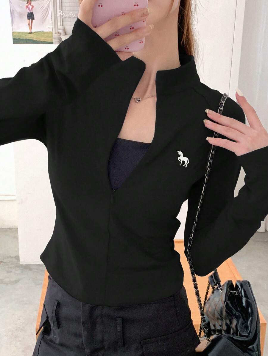 DAZY 纯色前拉链长袖修身 T 恤，女士休闲日常高领衫 - 黑色 - 查看 1