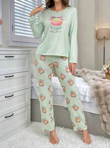 Hand-Painted Macaron Pattern Long Sleeve Top & Pants Pajama Set, Fall Clothes - Mint Green - View 5