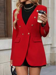 SHEIN Clasi Blazer rojo sin cuello de moda para mujer para otoño e invierno - Rojo - Ver 1