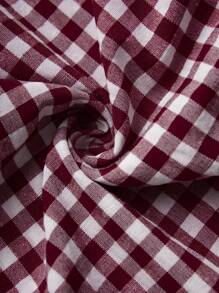 Breezaya Đầm dài thường ngày đơn giản, cổ tròn, tay bồng, xếp ly, kẻ caro - Màu Đỏ Sâu - Xem 5