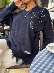 SHEIN EZwear Star Pattern Drop Shoulder Distressed Trim Sweater - Navy Blue - View 4