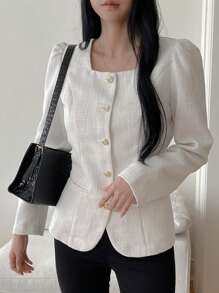 DAZY Women's Solid Square Collar Button Front Long Sleeve Elegant Jacket