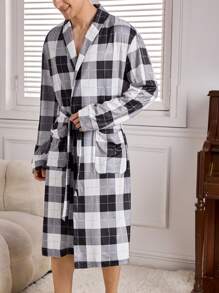 Men's Plaid Print Waist Tie Long Sleeve Robe - Multicolor - View 8