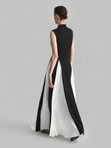 Ontre Women's 2025 Spring New Arrival Stand Collar Sleeveless Black&White Patchwork Dress, Elegant Fashion Party Gown
