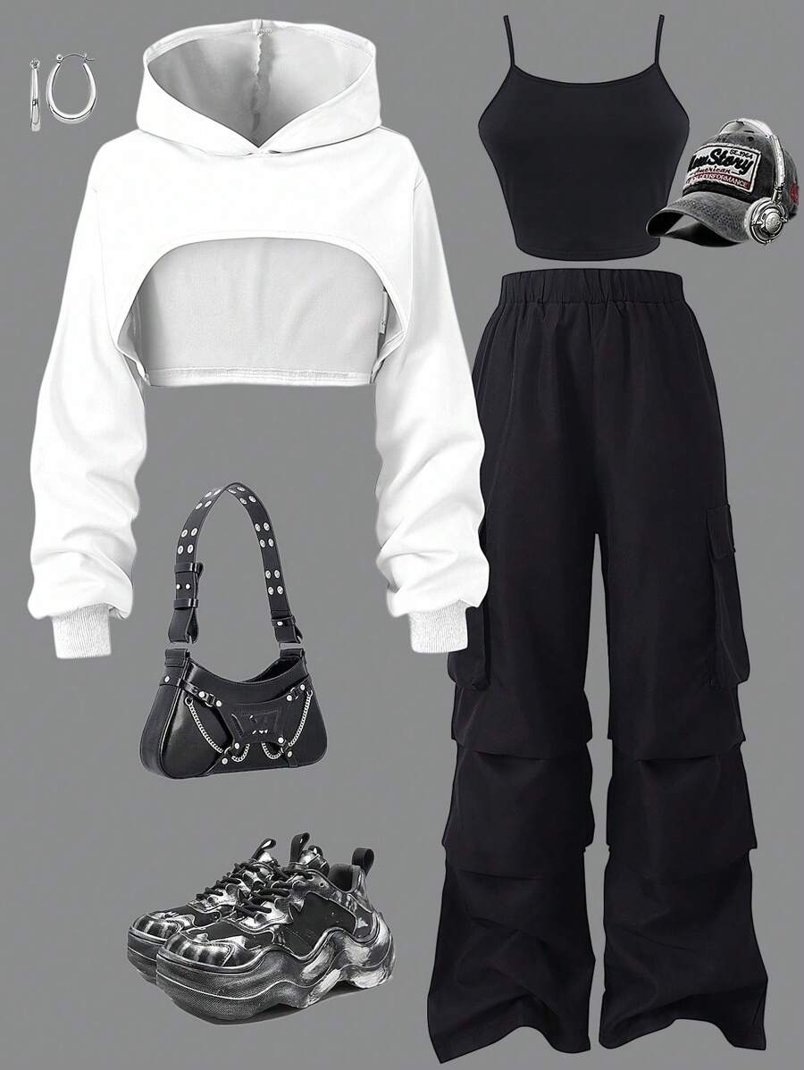 3pcs/Set Teen Girls Hooded Sweatshirt + Cami Vest + Elastic Waist Cargo Pants