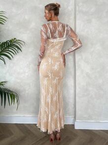 SHEIN Privé Damska biała koronkowa sukienka na ramiączkach spaghetti z długim rękawem i bolerkiem - Biały - Zobacz 3