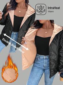 SHEIN LUNE Color Block Hooded Zip-Up Padded Warm Short Padded Coat Plus Size Winter Clothes - Multicolor - View 1