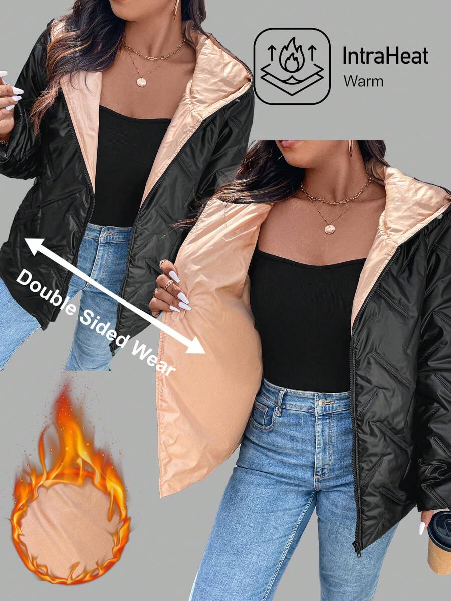 SHEIN LUNE Color Block Hooded Zip-Up Padded Warm Short Padded Coat Plus Size Winter Clothes - Multicolor - View 1