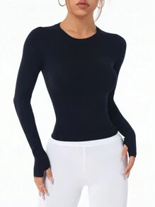 纯色圆领插肩袖长袖运动 T 恤，带无缝拇指孔