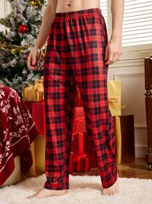 Men's Plaid Print Drawstring Waist Pajama Pants, Christmas, Winter - Red - View 5