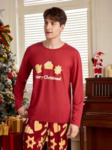 Happy Jammies 2 件套男士圣诞主题印花圆领长袖睡衣套装 - 紅色 - 查看 6