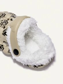 Cozy Pixies 1 双幼儿男孩卡通挖掘机印花可爱室内拖鞋，保暖内衬，适合秋冬季日常穿着 - 卡其色 - 查看 6