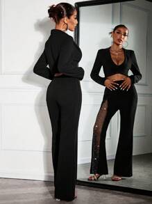 SHEIN SXY 2 件纯色长袖休闲上衣和纯色拼接裤夜店派对套装 - 黑色 - 查看 8
