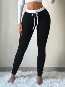 SHEIN SXY 女款弹力休闲黑白拼布长款紧身裤，秋冬季款 - 黑與白 - 查看 4